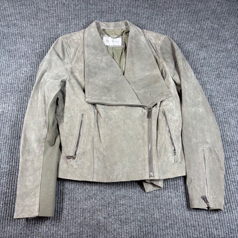 BCBGeneration Jacket Womens M Gray Suede Moto Peplum Back